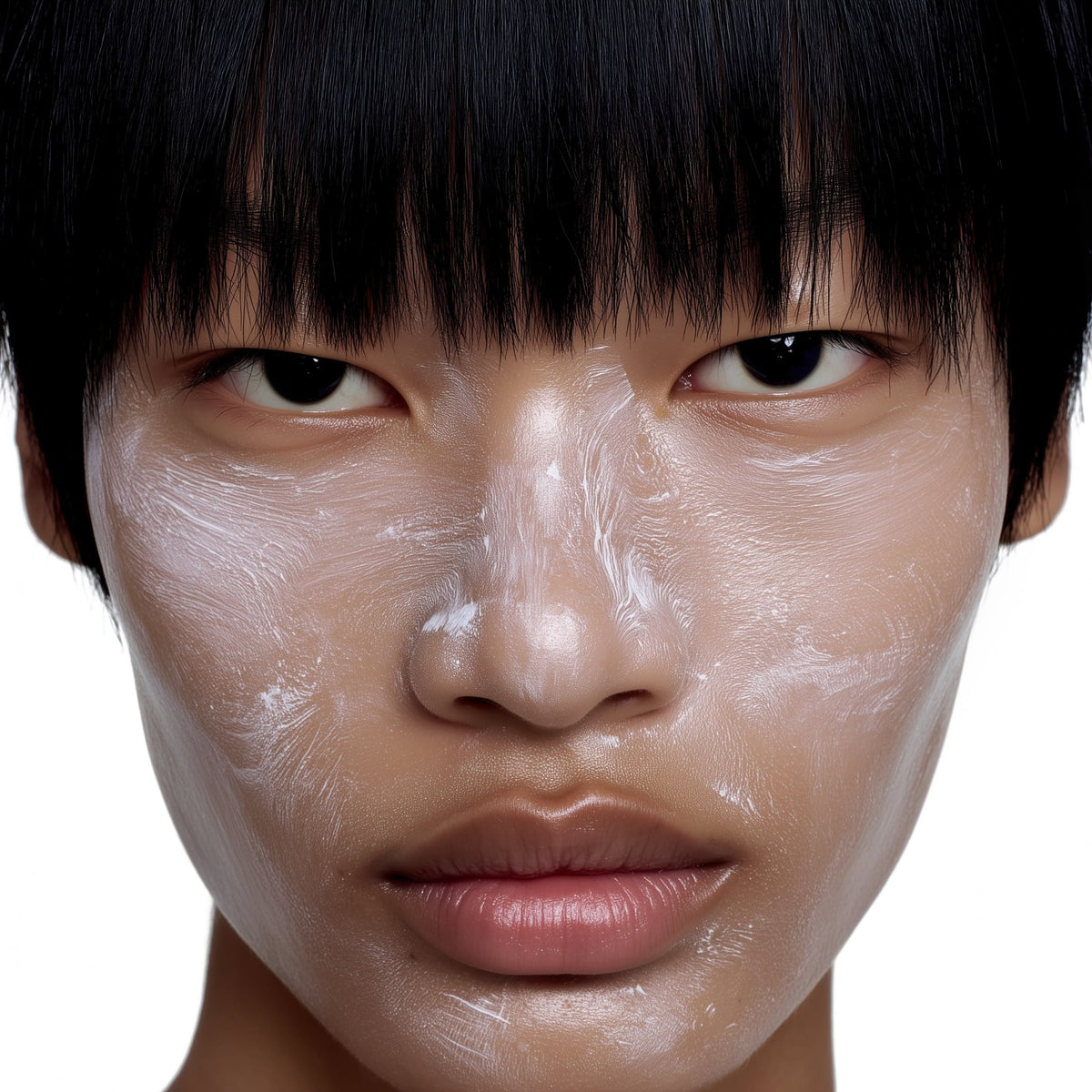 Close-up of a person with a white cream applied to their face on a white background