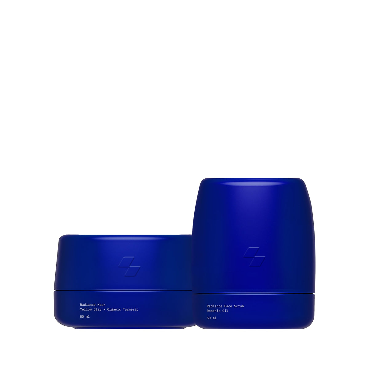 Two blue cosmetic containers on a white background
