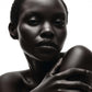 Black and white portrait of a woman with one hand on her chest.