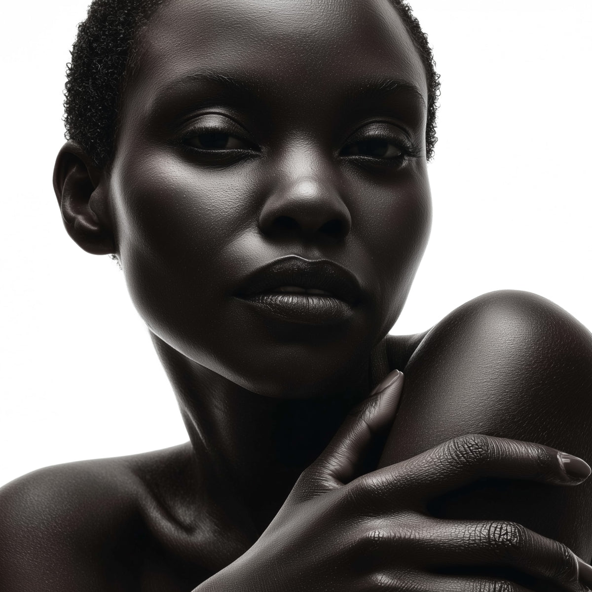 Black and white portrait of a woman with one hand on her chest.