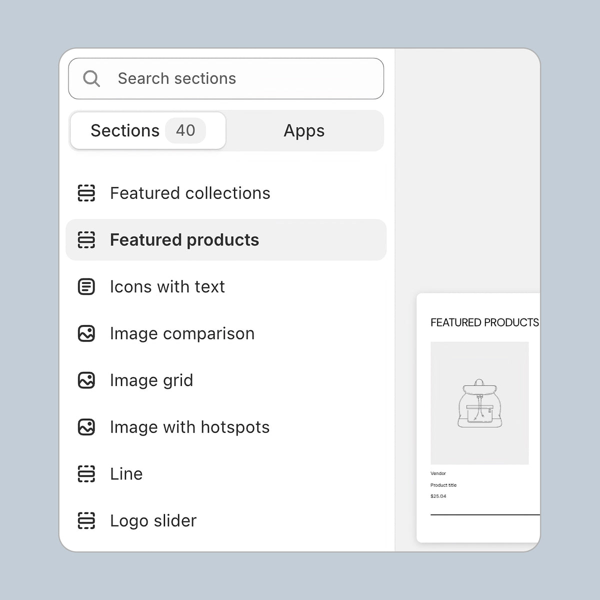 Menu with search sections on a light gray background