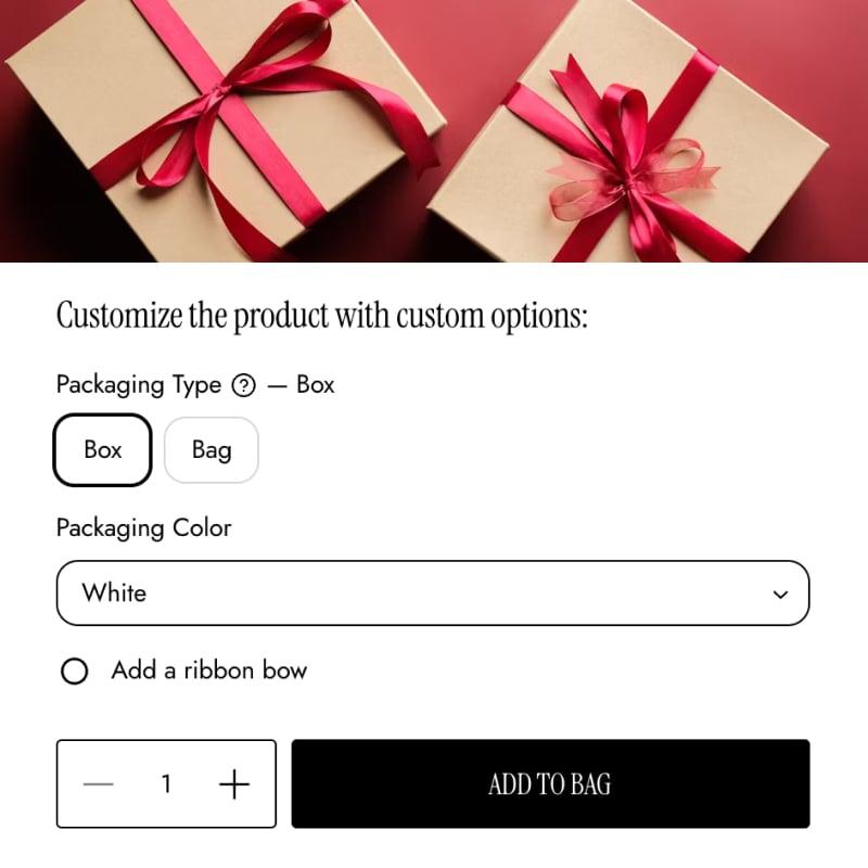 Product customization page with gift boxes and options to customize packaging type, color, and ribbon.
