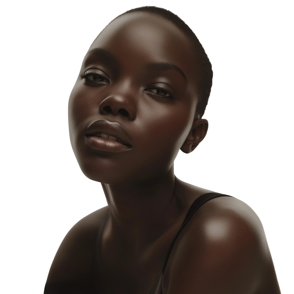 Dark-skinned woman with a soft glow on a white background