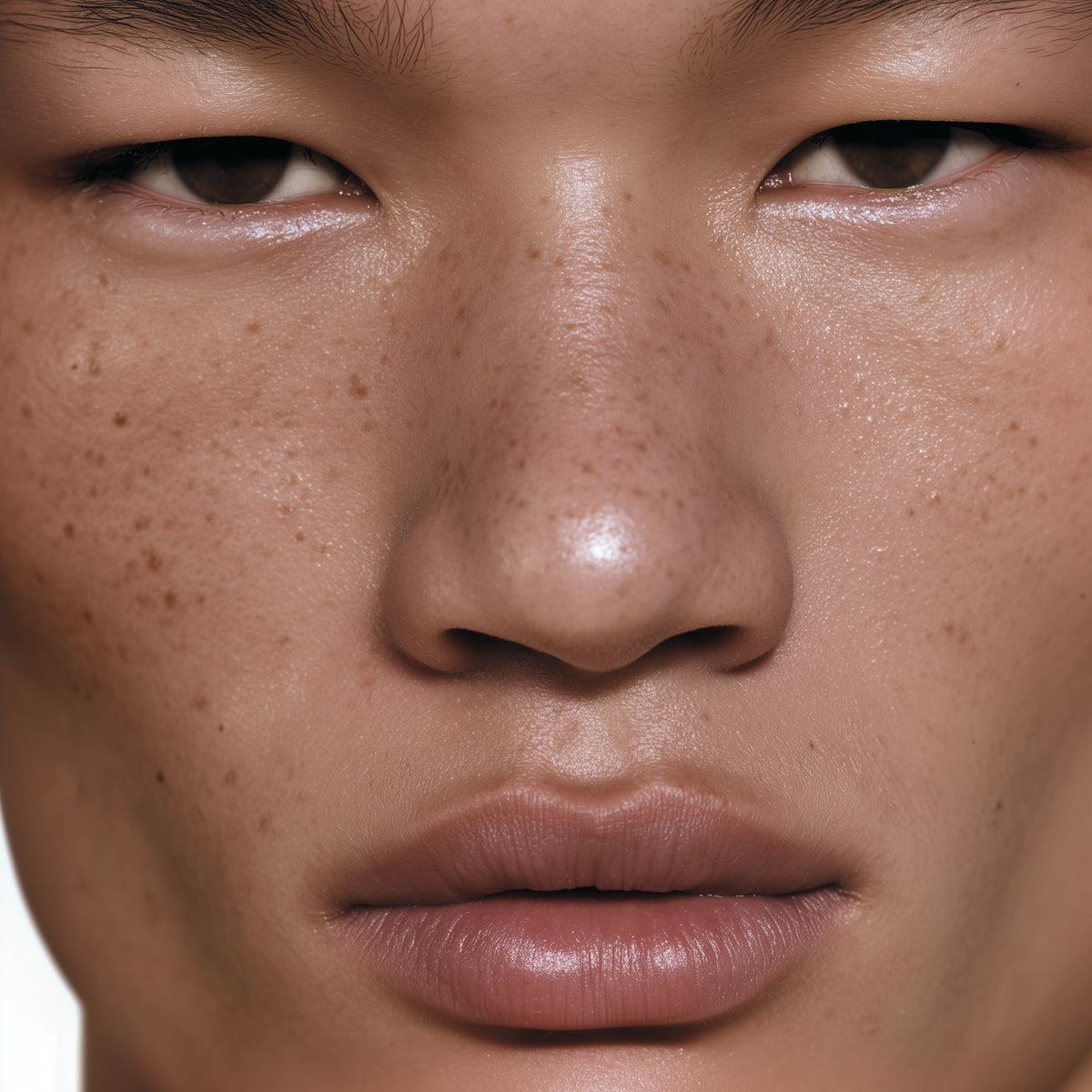 Close-up of a person's face with a neutral expression