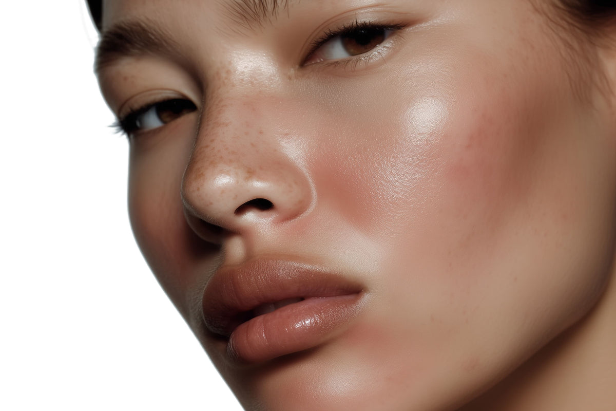 Woman with clear glowing skin and glossy lip color in profile