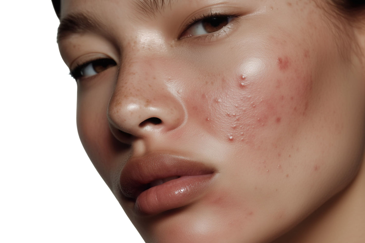 Person with acne-prone skin showing blemishes and breakouts in profile