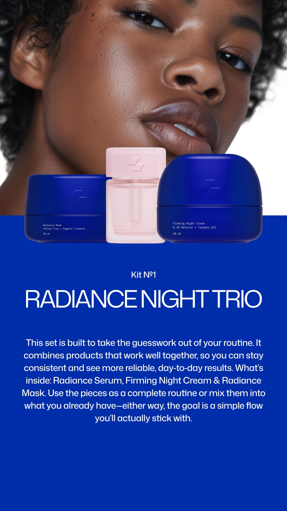 Radiance night trio set with blue and pink containers on a white background