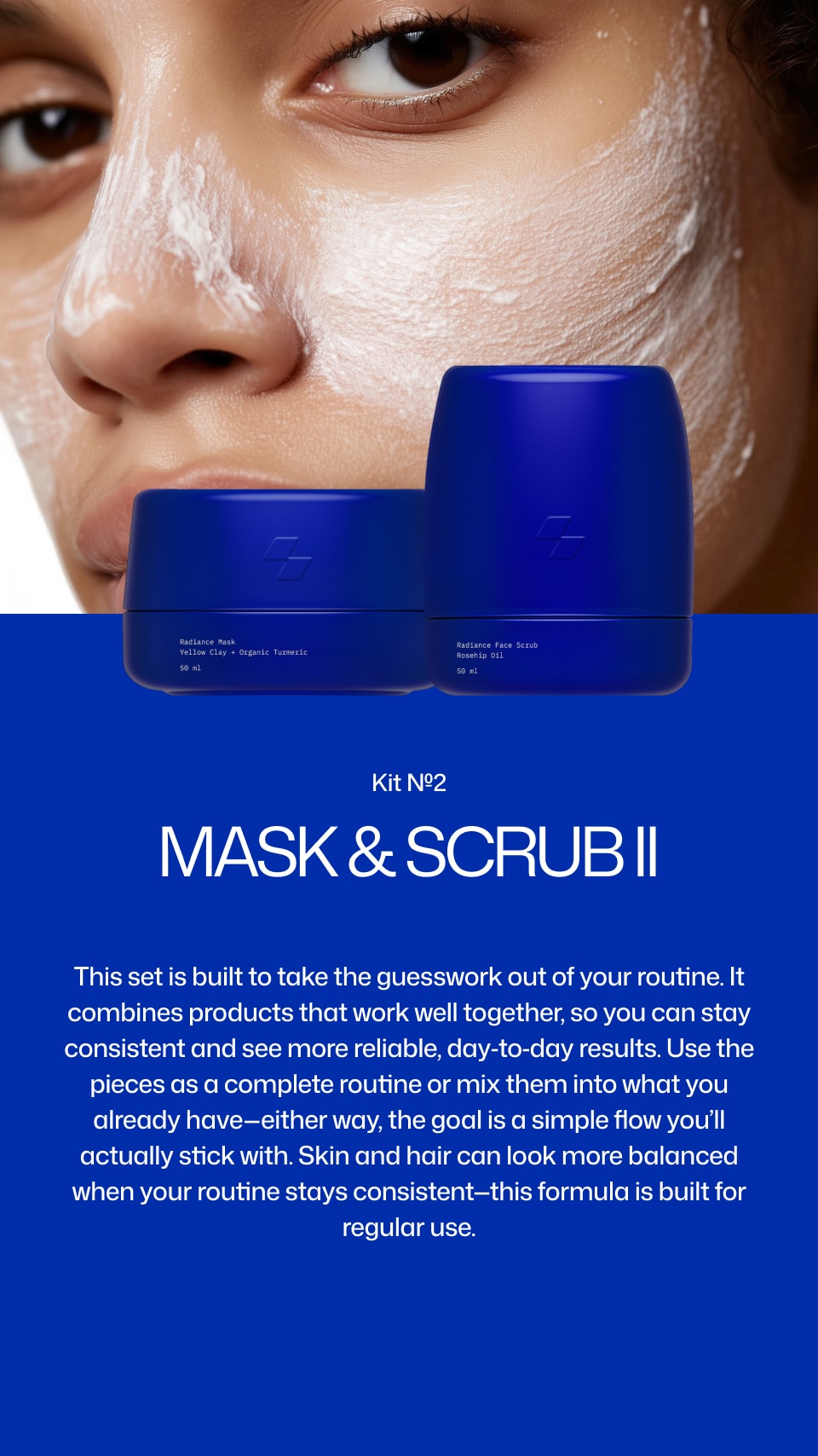 Cosmetic set with jars labeled 'Mask & Scrub II' on a blue background.