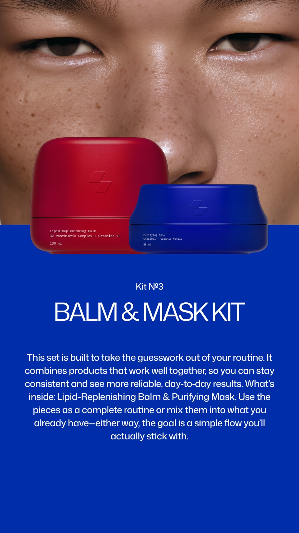 Balm and mask kit with a close-up of a person's face, featuring a red balm and blue mask.