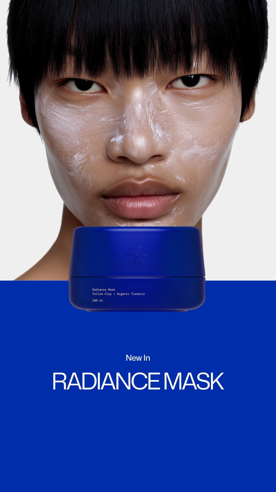 Person wearing a radiance mask with a blue container labeled 'Radiance Mask' on a white background.