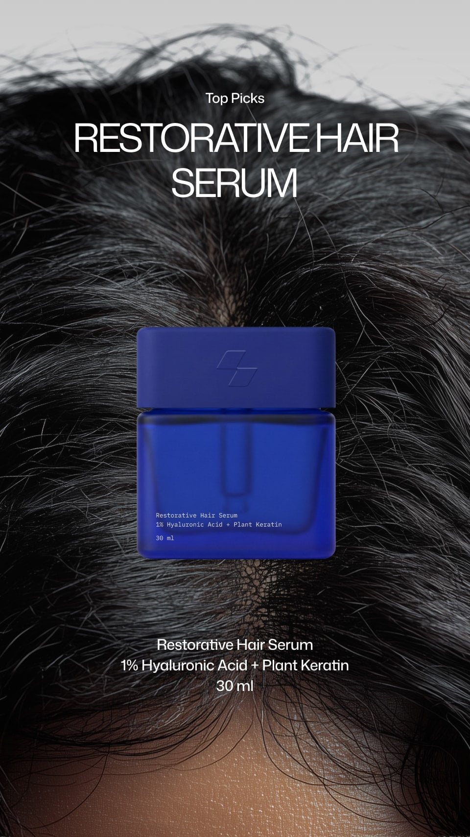 Blue restorative hair serum bottle on a person's head with text about the product.