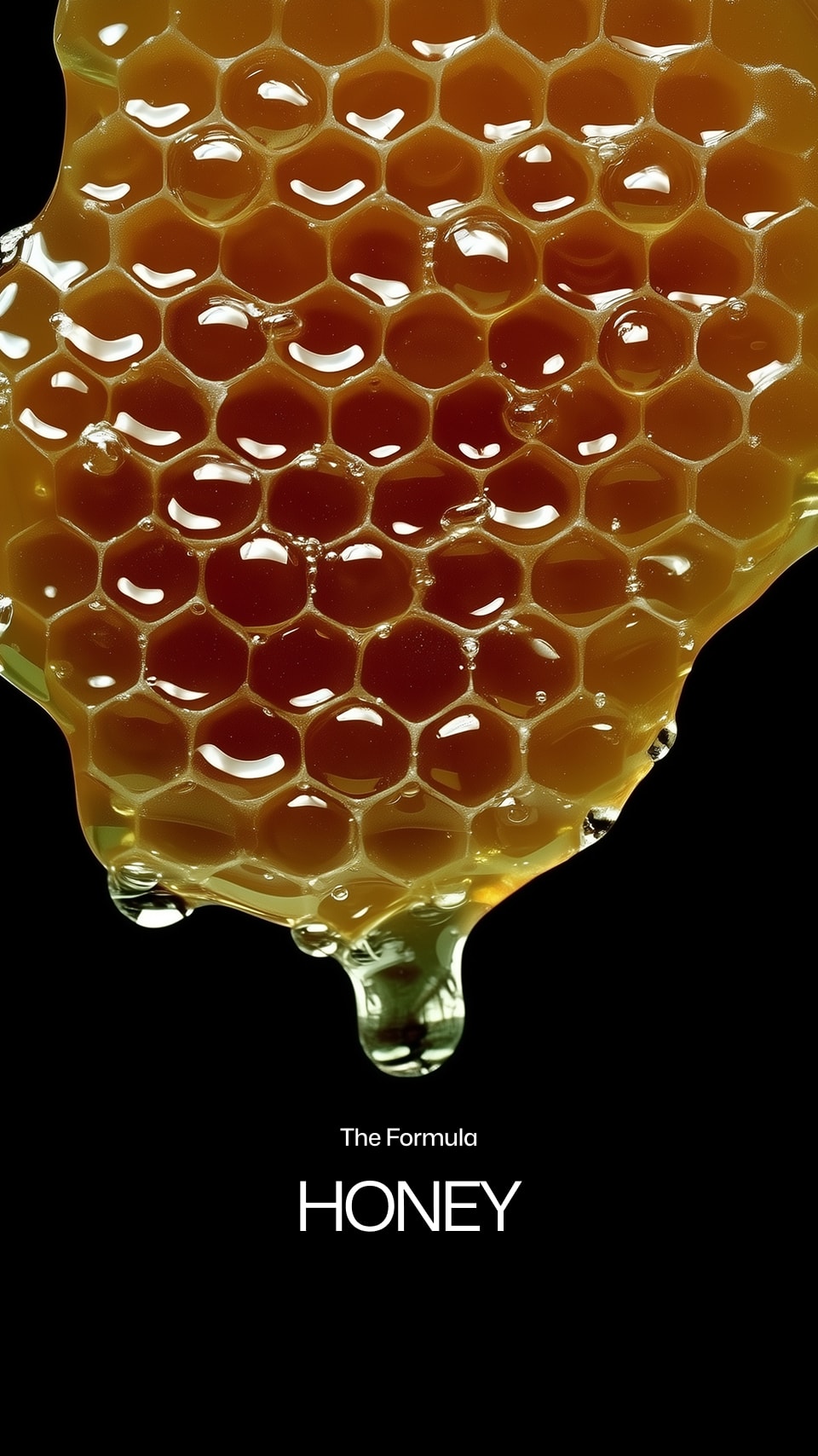 Close-up of honeycomb with honey dripping, branded 'The Formula Honey'.
