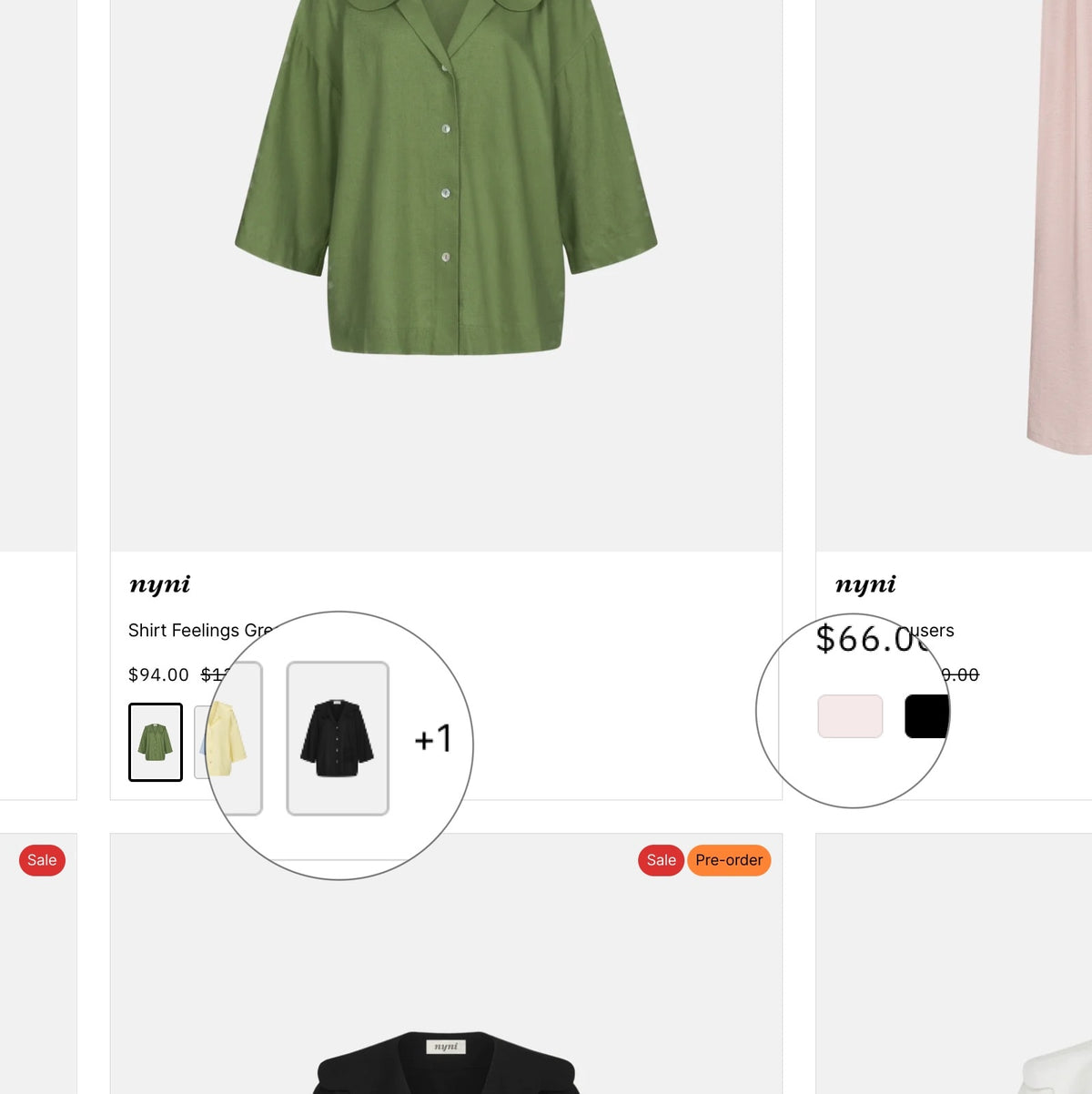 Green shirt on a white background with 'nyni' branding and product options.