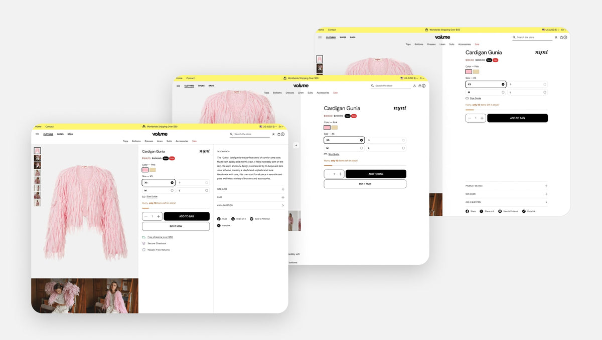 Multiple views of a clothing product on a website with a pink sweater displayed.
