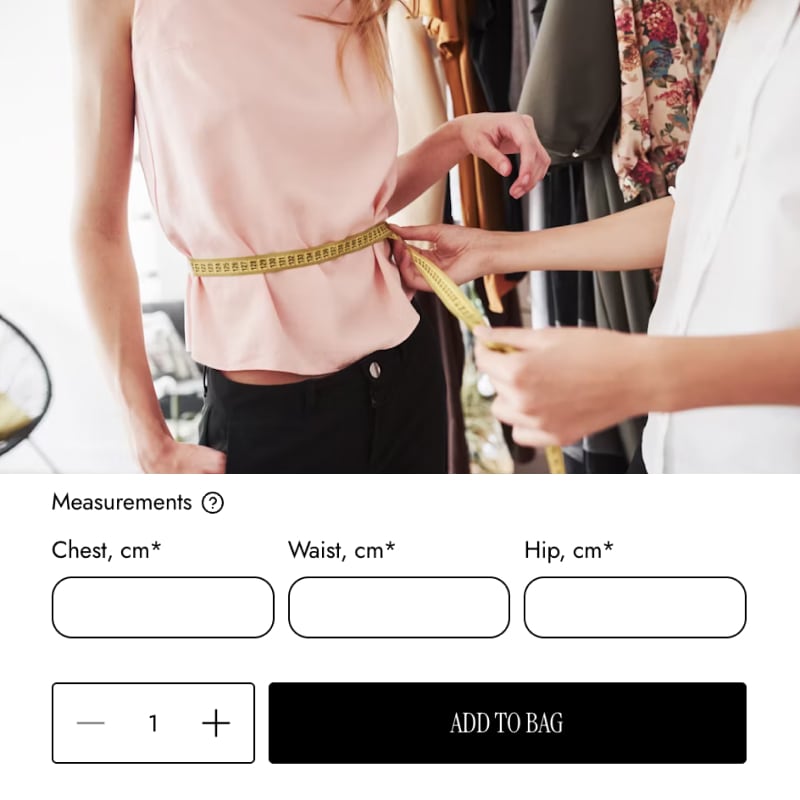 Person measuring another person with a tape measure, with measurement input fields displayed below.