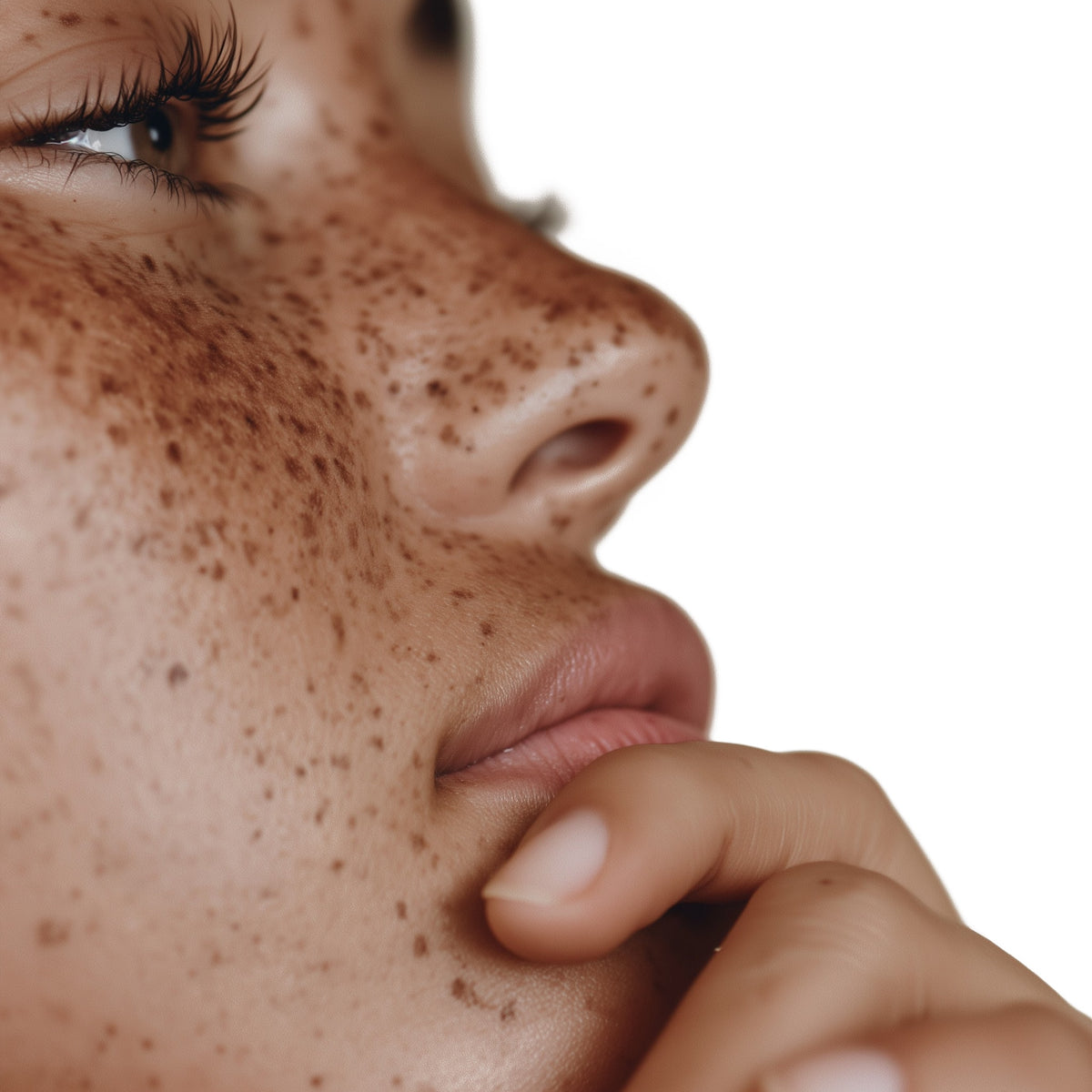 Close-up of a person's face with freckles and hand on chin against a white background