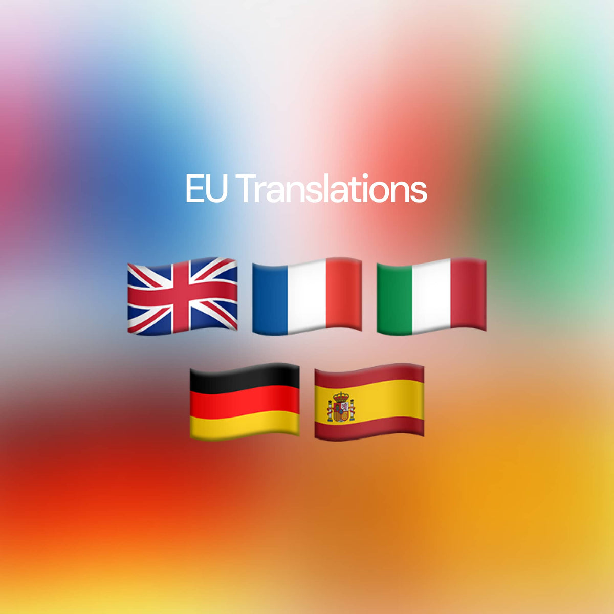 Flags of the UK, France, Italy, Germany, and Spain on a colorful gradient background with 'EU Translations' text.